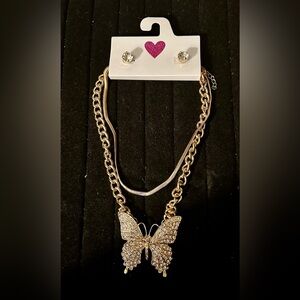 Sparkly Gold Butterfly Necklace w/ Earrings- New